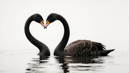 Two black swans forming a heart shape with their necks in water.