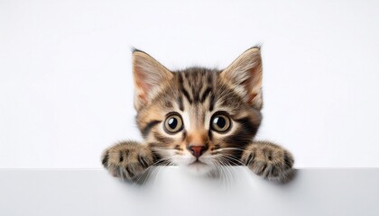 Obraz premium Kitten Head With Paws Up Peeking Over Blank White Sign Placard Pet Kitten Curiously Peeking Behind White Background Tabby Baby Cat Showing Placard Template Long Web Banner With Copy Space