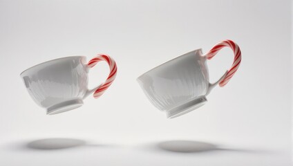 Two white ceramic mugs with candy cane handles floating against a clean white background.