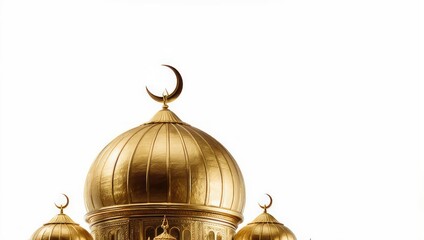 Golden Mosque Domes with Crescent Moon Symbol Against White Background.