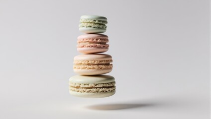 Stack of colorful macarons on a white background, delicious dessert.