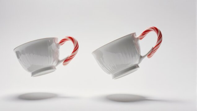 Two white ceramic mugs with candy cane handles floating against a clean white background.