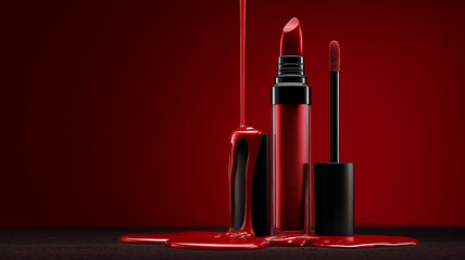 Glossy lip gloss and lipstick set on a matte surface with red liquid dripping from the top of the products against a red background in a minimalist style. Ai generated