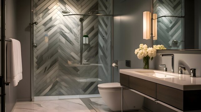 The ensuite bathroom features a contemporary design with a herringbone tiled shower wall made from marble mosaic, sleek chrome fixtures, and a minimalist vanity, set against a backdrop of soft gray wa