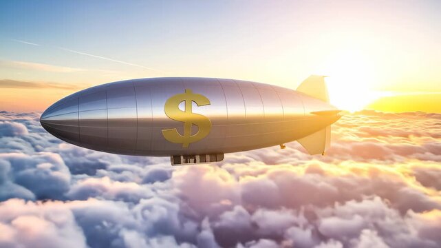 Silver blimp flying above clouds at sunset with golden sun rays.