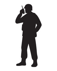 Soldier Silhouette with Radio, Military Communication Vector, Armed Forces Personnel Illustration