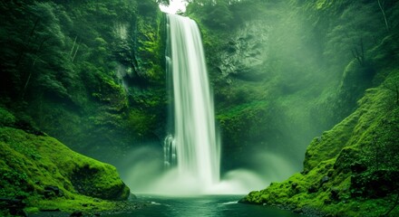 Lush green mossy cliffs surround a powerful waterfall cascading into a serene river, representing natures beauty and the potential color of the year 2026.