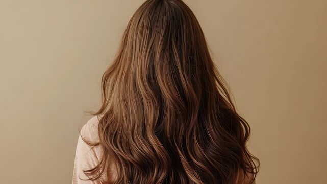 Video A woman with long brown hair stands in front of a wall, looking straight ahead