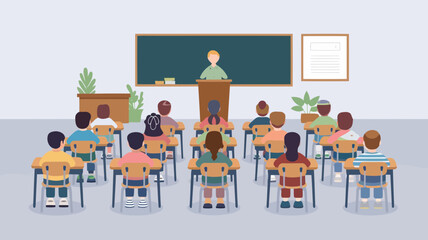 Illustration of a teacher standing at a podium in front of a classroom with students sitting at desks listening attentively