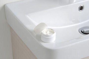 White cream jar on sink for skincare routine and beauty product display