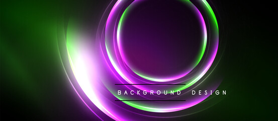 Abstract neon circles, vibrant green purple hues. Dark background creates dramatic visual effect. Modern design element.