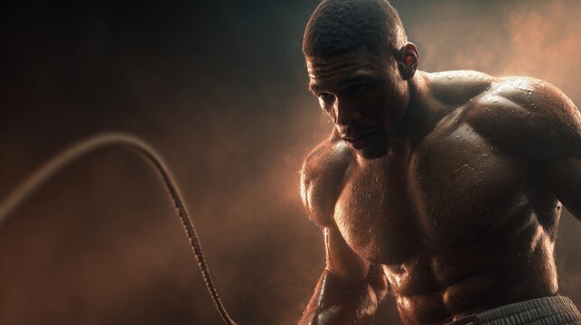 Close-up of a muscular, determined boxer, glistening with sweat, intensely training by jumping rope under dramatic, low-key lighting.