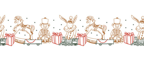 Christmas toys seamless border. Rocking horse, teddy bear, gift, train and bunny. Hand drawn pastel line art vector illustration for New Years cards. Also suitable for window stickers and banners.