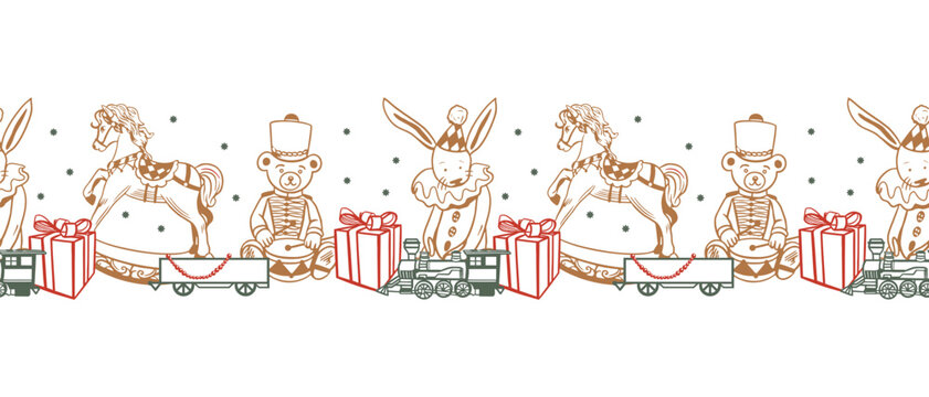 Christmas toys seamless border. Rocking horse, teddy bear, gift, train and bunny. Hand drawn pastel line art vector illustration for New Years cards. Also suitable for window stickers and banners.