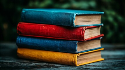 A stack of colorful, vintage-style guidebooks rests on a rustic wooden surface outdoors, suggesting travel, education, and reading.