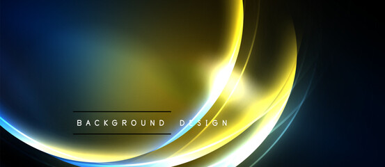 Abstract blue, gold waves create dynamic background. Smooth gradients, elegant curves suggest motion, energy. Modern design element.