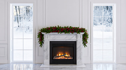 White marble fireplace with burning fire, festive garland, and snowy window view in elegant winter interior