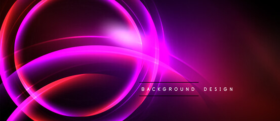 Vibrant neon lines create abstract circular shapes. Dark background emphasizes glowing magenta, pink, red hues. Modern design element.
