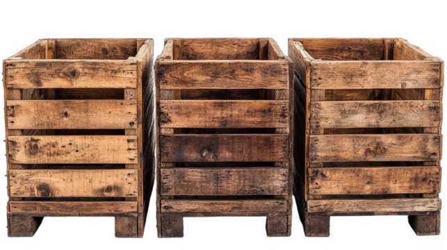 Three old wooden crates arranged in a row for storage or display