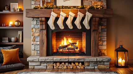 Stone fireplace with burning fire, cream stockings, garland, candles, and cozy Christmas decor in festive living room