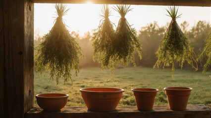 A rustic wooden shed with bundles of fresh herbs tied with twine and hanging upside down against the sunrise background.