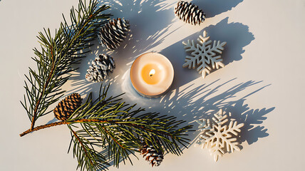 Tealight candle surrounded by pine branches, pinecones, and snowflakes on light surface with warm shadows