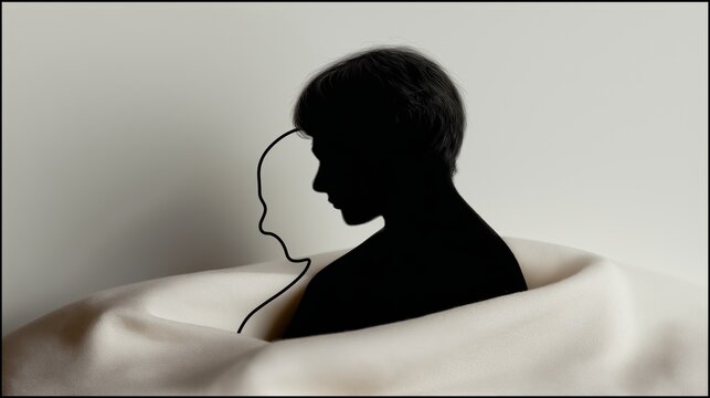 Abstract depiction of a silhouette over a line-art profile, emerging from fabric. Represents dual identity, hidden self, mental health, or inner conflict. - Powered by Adobe