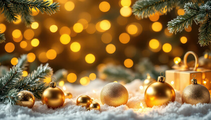 Christmas ornaments and festive lights in a winter wonderland setting