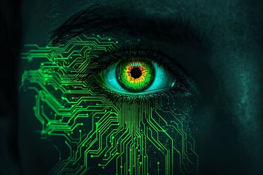 A glowing cybernetic eye with neon green circuitry patterns.