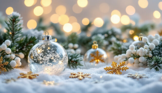 Christmas ornaments with snowflakes and golden accents on a snowy surface