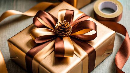 Gold-wrapped gift box with decorative brown and gold ribbon bow and pinecone, festive holiday wrapping scene