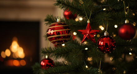 Christmas tree decorated with ornaments and lights in front of a fireplace