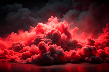 Red fog and smoke background with neon glow, 3D atmospheric rendering. Soft swirling haze floating in the dark, creating a mysterious, magical mood. Abstract panoramic cloud of red mist isolated on a 