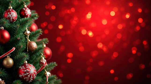 Christmas tree decorated with red ornaments and candy canes against a festive red background
