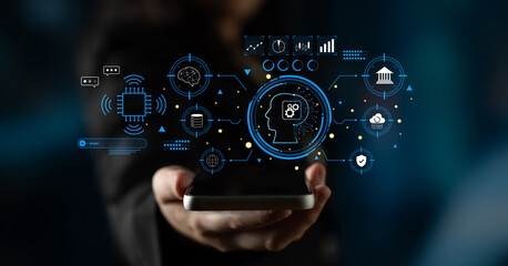 An advanced AI system for business and financial analysis. A futuristic interface for commanding an AI to process data from various domains. Motif