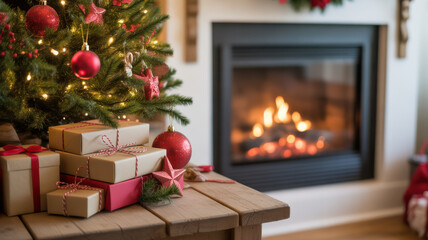 Christmas tree with gifts and fireplace in cozy living room