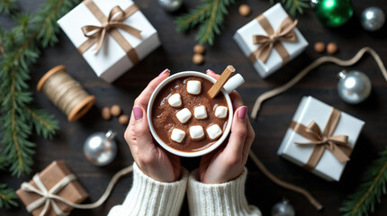 Cozy Christmas scene with hot chocolate, gifts, and festive decorations