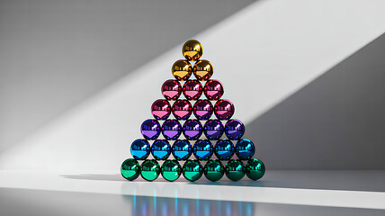 Colorful metallic spheres arranged in pyramid formation by hue on flat surface with diagonal shadows