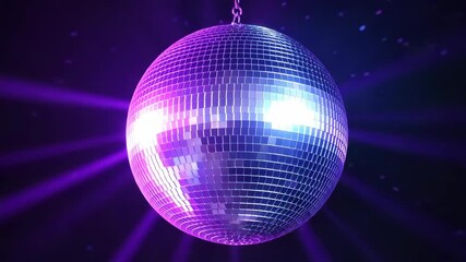 Sparkling disco ball hanging with purple lights reflecting, creating a vibrant and dynamic dance floor atmosphere with a retro party vibe. - Powered by Adobe