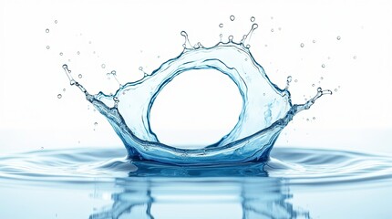 A perfect circular splash of crystal clear blue water captured in mid-air forming a hollow ring on the water.