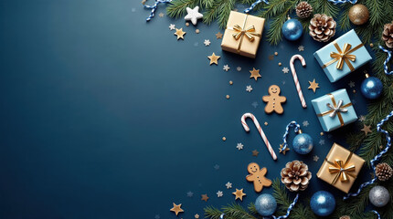 Festive Christmas background with gifts, ornaments, and decorations on blue