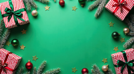 Festive Christmas background with gifts, ornaments, and copy space