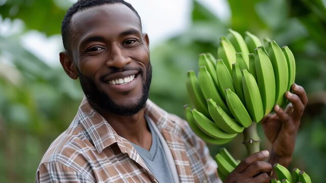 A man is smiling and holding a bunch of bananas. Concept of happiness and positivity, as the man is enjoying his time and the fruit he is holding. The bananas themselves are a symbol of health