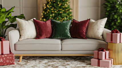 Festive living room with beige sofa, red and white pillows, Christmas tree, gifts, and warm holiday decor