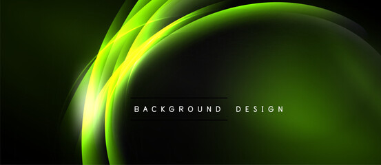 Abstract green lines curve over black background. Bright glow creates dynamic visual effect. Text reads background design.