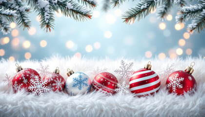 Festive Christmas ornaments with snowflakes and snow-covered pine branches