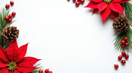 Festive Christmas border featuring poinsettia flowers, pine cones, and red berries