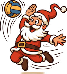 Cartoon Santa Claus in a red suit joyfully playing volleyball, reaching out to hit a colorful ball with dynamic motion lines.