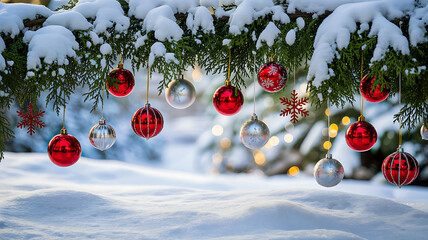 Snow-covered pine branch with red and silver Christmas ornaments against festive winter background with warm lights