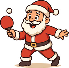 Cartoon Santa Claus in a red suit energetically playing table tennis, holding a red paddle and preparing to hit a white ball.